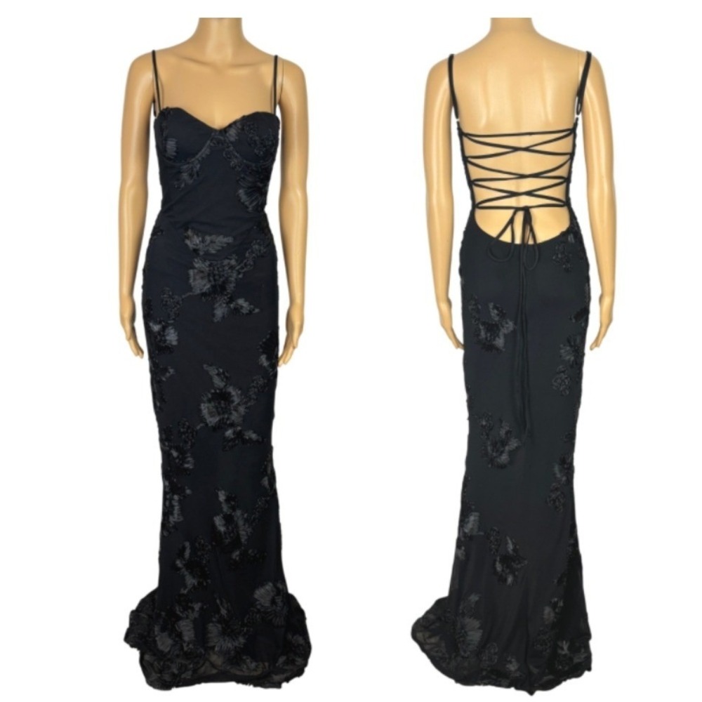 Babyboo Nefertiti Maxi Dress Women Medium Black Floral Lace Up Prom Formal Gown